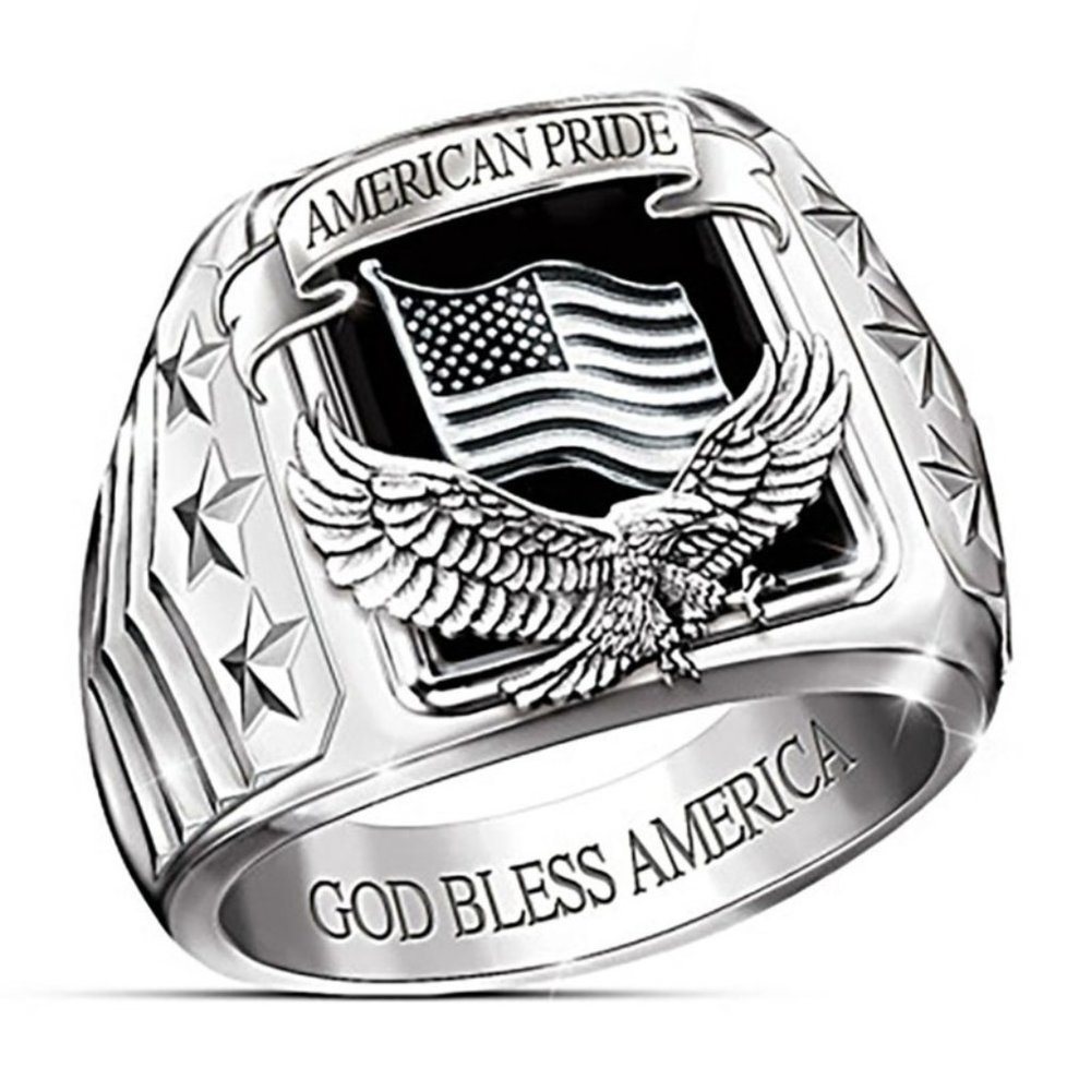 Handcrafted American Pride God Bless Eagle Punk Band Hip Hop Logo Silver Ring